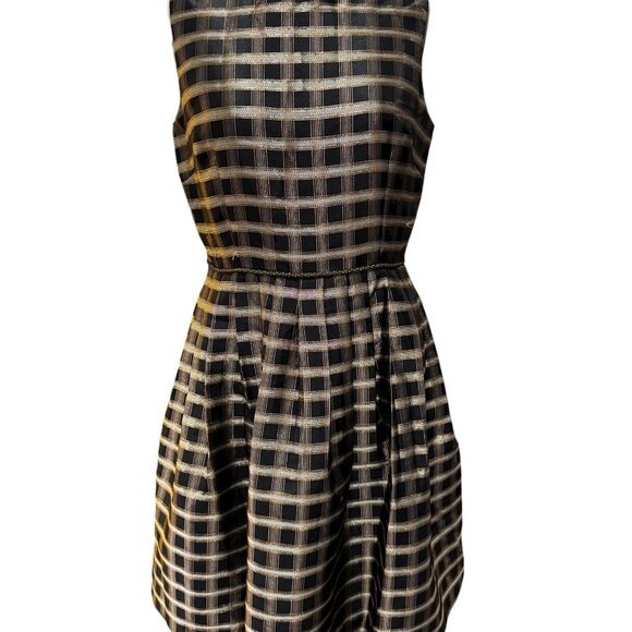 Tahari ASL Women’s Fit & Flare Dress Black & Gold Metallic Check Size 10 NWOT - Picture 1 of 5